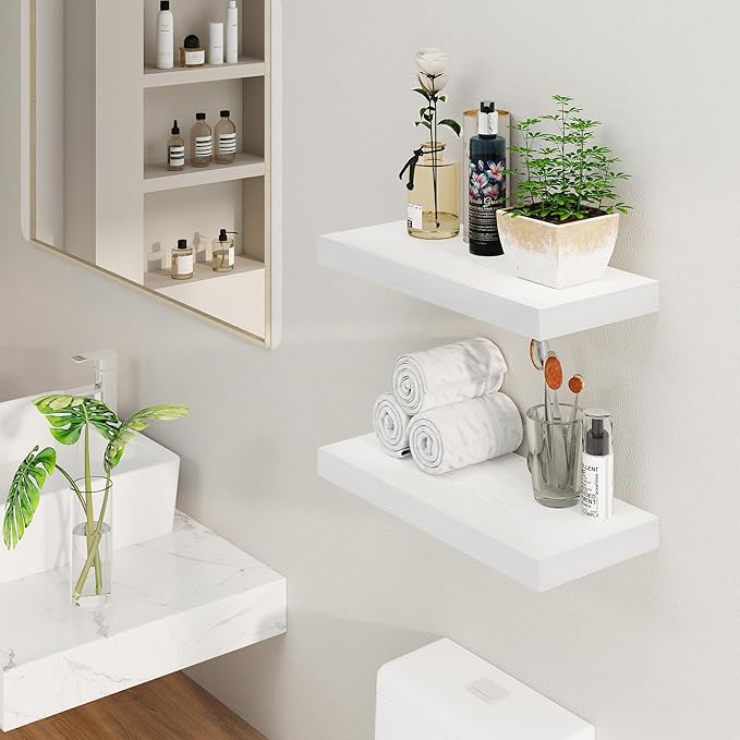 Fun Memories White Floating Shelves, 8 Inch Deep Wall Shelves Set of 2, Rustic Deep Shelves for Wall Storage, 24 x 8 Floating Shelves, 8" White Shelf for Bedroom, Living Room, Kitchen