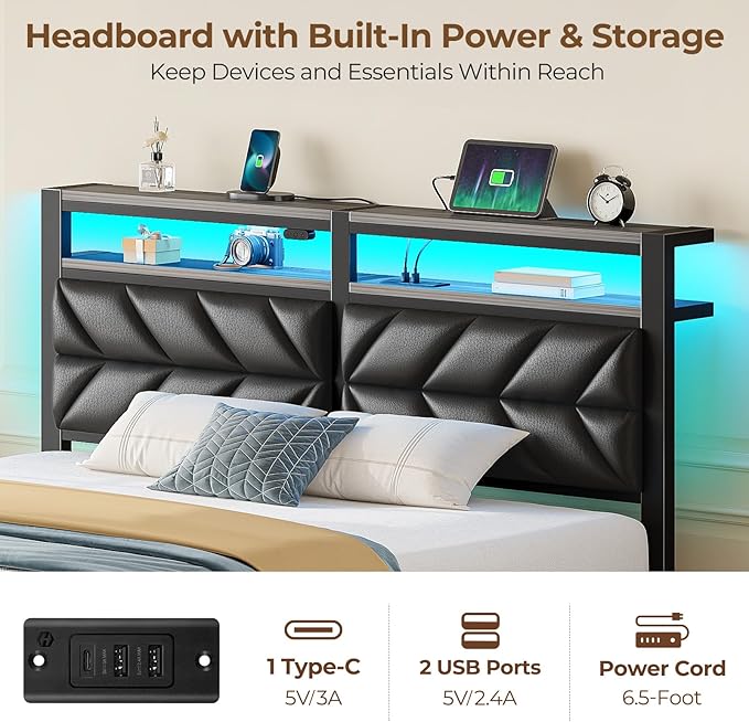 Seventable Bed Frame Full Size with Charging Station, LED Bed with Upholstered Storage Headboard, Metal Platform Bed with Under Bed Storage, No Box Spring Needed, Noise Free, Easy Assembly, Black