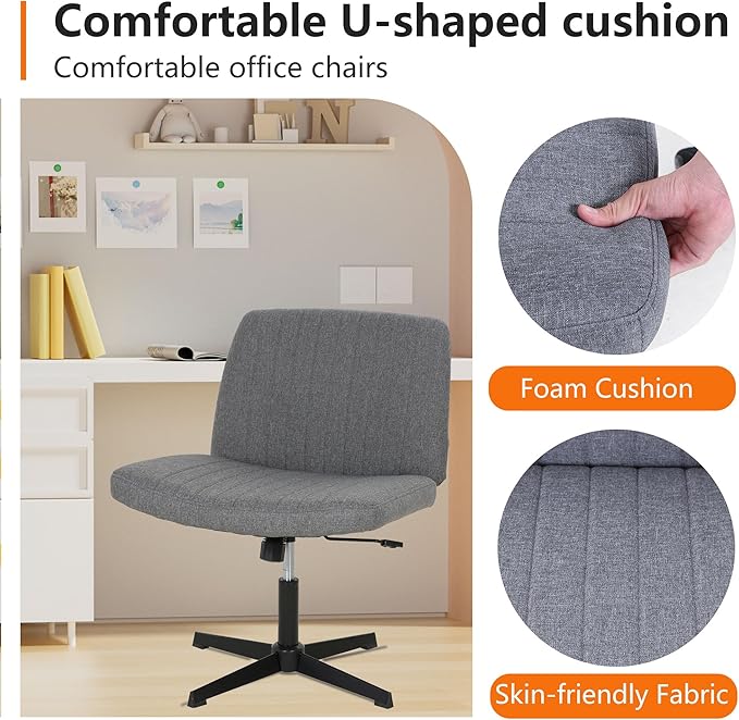 FDW Criss Cross Chair Armless Cross Legged Office Desk Chair Adjustable Swivel Ergonomic Gaming Chair No Wheels Backrest with Wide Seat Native Sponge Computer Task Vanity Chair for Home Office,Grey