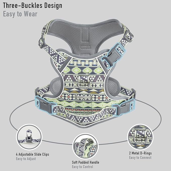 No Pull Dog Harness with 2 Metal D-Rings, Easy on/Off Dog Vest with Neck Buckle, No Need Over Head, Easy Walk Escapeproof No Choke Reflective Breathable, Harness for Large Dogs