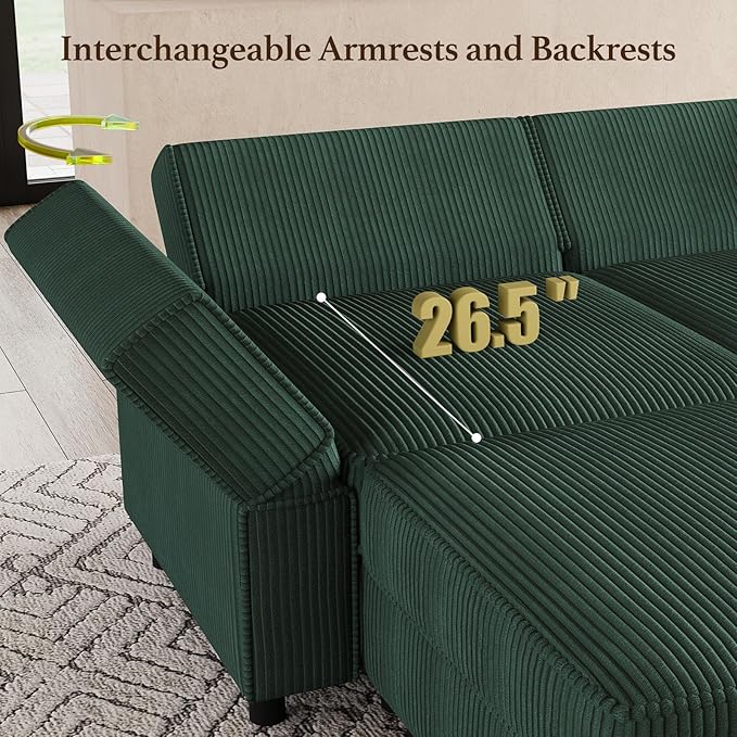 88.6" Modular Sectional Sofa with Sleeper Sofa,6 Seat Corduroy Sectional Couch with Deep Storage Seat,Upholstered Sectional Couches for Living Room,Green
