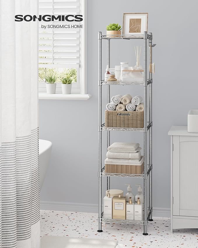 SONGMICS 5-Tier Bathroom Shelf, Storage Rack for Small Space, with 5 PP Shelf Liners, Removable Hook, Extendable Design, Silver and Translucent ULGR023S01