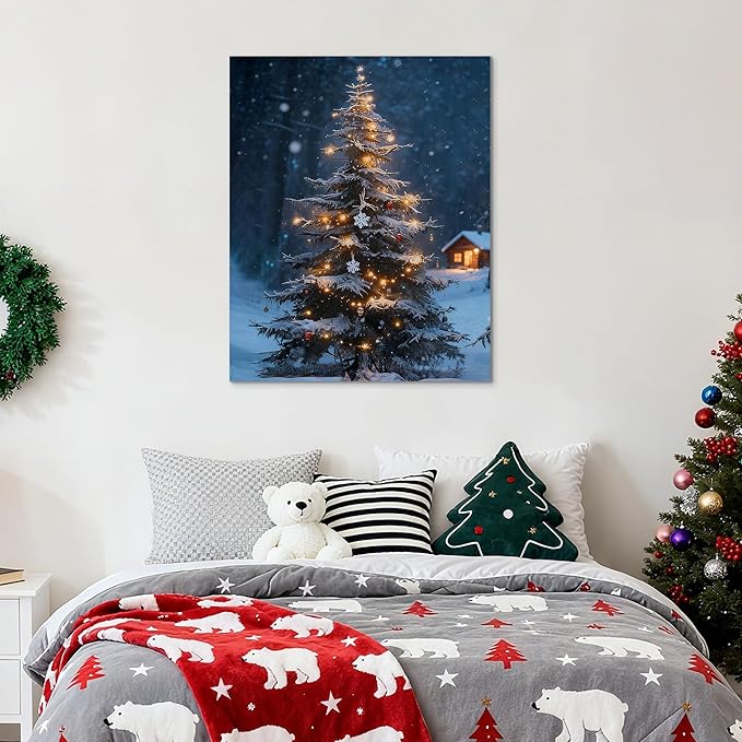 Framed Christmas Pictures Wall Decor,Vintage Pine Tree Prints,Winter Christmas Canvas Wall Art Decoration for Bedroom Bathroom Living Room Rustic Xmas Holiday Gifts (Christmas Tree 19, 16'' X 24'')
