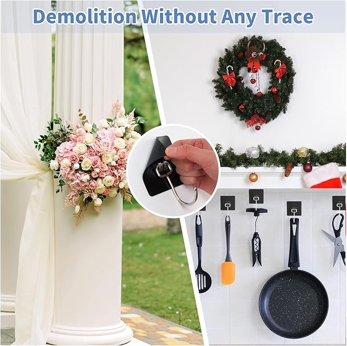 Adhesive Wall Hooks for Hanging - 60lb Heavy Duty Waterproof & Rustproof, Sticky Hooks for Walls No Damage, Kitchen/Bathroom/Rental (Ganchos para Pared) 10-Pack