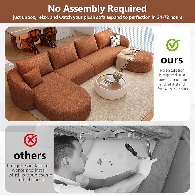 138.6" Modular Sectional Couches Luxury Modern Curved Back U-Shape Sofa Set with Ottoman,Minimalist Comfy Boneless Cloud Couch for Living Room Apartment,(Left Facing Chaise,Orange)