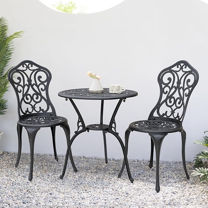 NUU GARDEN 3 Pieces Patio Bistro Set, Outdoor Bistro Set with 2 Chairs, Round Table with Umbrella Hole, All-Weather Outdoor Patio Bistro Set for Garden, Lawn, Poolside, Porch, Black