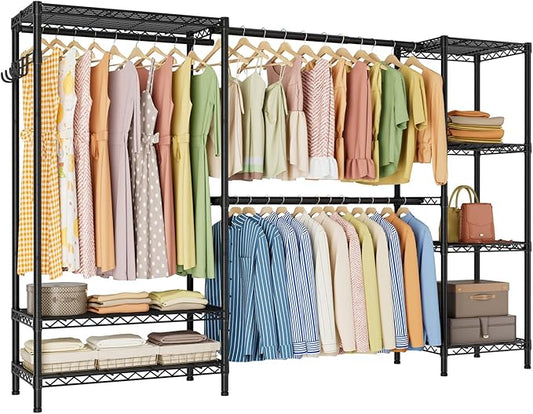 Heavy Duty Garment Rack Clothes Rack,Large Metal Closet Organizer System Storage Wardrobe,Freestanding Clothing Rack with 9 Adjustable Wire Shelves&3 Hang Rods,MaxLoad 1500lbs