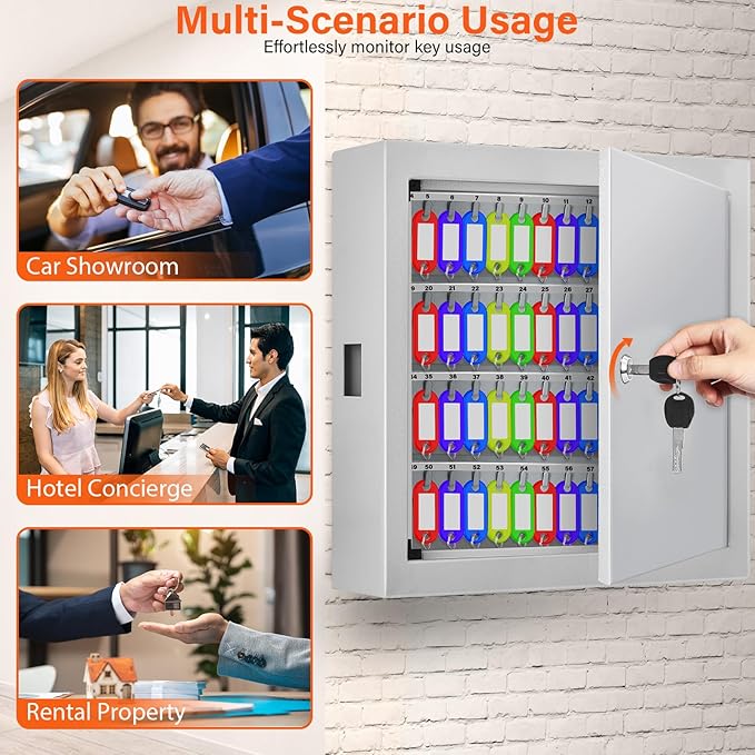 100 Keys White Key Cabinet, Anti-Theft Key Lock Box with Key Tags, Adjustable Key Organizer Wall Safe for Car Office House Garage Rental Business