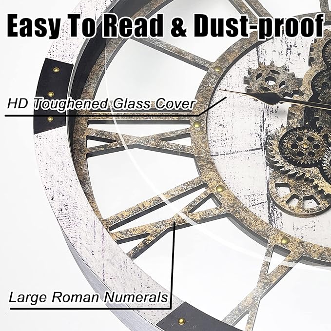 DORBOKER 30" Large Wall Clock Moving Gears,Oversized Industrial Rustic Farmhouse Clocks for Living Room Decor Office Home, Solid Wood Retro Metal HD Tempered Glass Cover, White Grey