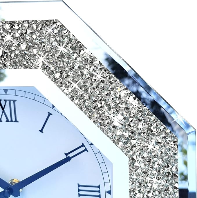 Wall Clock, Octagon Mirror Glass Clock, Cute Diamond 20-inch Non-Ticking Clock for Wall Décor, Perfect Home Decor for Bedroom, Bathroom Motif, Dining Room(Excluding Batteries.)