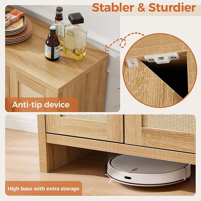 Mericonia Rattan Buffet Cabinet with Storage, Sideboard Cabinet with Doors and Adjustable Shelves, Farmhouse Coffee Bar Station Table, Modern Wood Cupboard for Kitchen, Livingroom and Dining Room