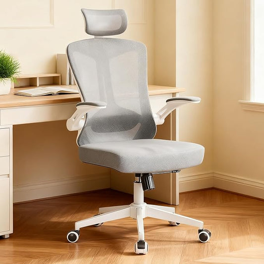 Office Chair,Ergonomic Comfy Home Desk Chair with 350LBS Capacity,High Back Gaming Chair with Wheels,Mesh Computer Chair,Lumbar Support, Adjustable Headrest,Flip-up Armrest (A-gray + White-1)
