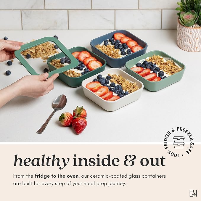 Ceramic Coated Glass Food Storage Container | No PTFE, PFOA, PFAS, and BPA | Reusable Non Toxic Meal Prep Container with Glass Lid | Easy To Store | 11 Cup Rectangle [Smoke]