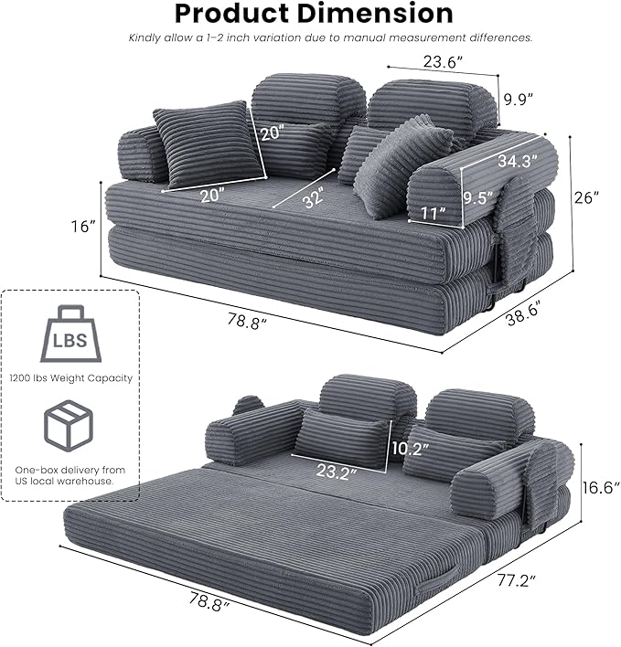 Convertible Sofa Bed,79'' Foldable Sleeper Lounge Modular Couch Comfort Compression Sofa Loveseat for Small Spaces Comfort for Apartment Bedroom (Corduroy Fabric, Dark Grey1)