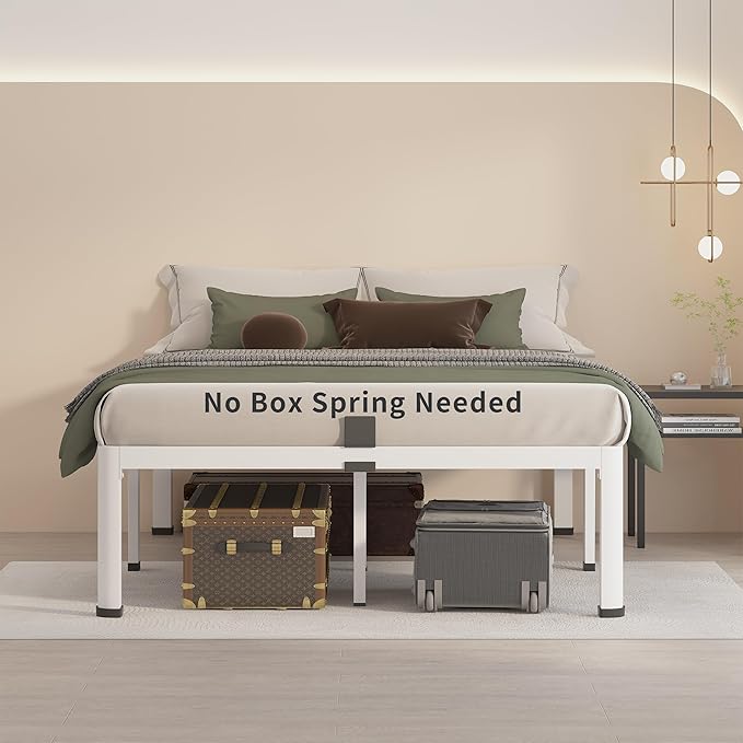 MAF 14 Inch Queen Metal Platform Bed Frame White with Round Corner Legs, 3000 LBS Heavy Duty Steel Slats Support, Noise Free, No Box Spring Needed, Easy Assembly