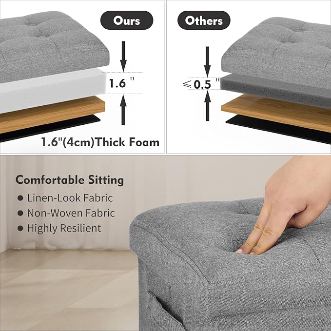 Folding Storage Ottoman, Linen Footstool Bench with Thicker Foam Padded Seat. Ottoman Foot Rest for Living Room, Bedroom, Home Office, Coffee Table. 350lbs Load Capacity, 17x13x13in, Light Gray
