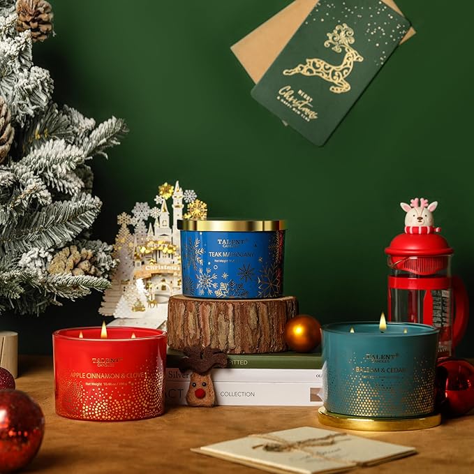 Fall Scented Candles for Home, 10.9oz 3 Wicks Aromatherapy Candle,25hrs burn time, Autumn Scented Candle Gift for Men and Women, Teak Mahogany, TCGG8100A-C