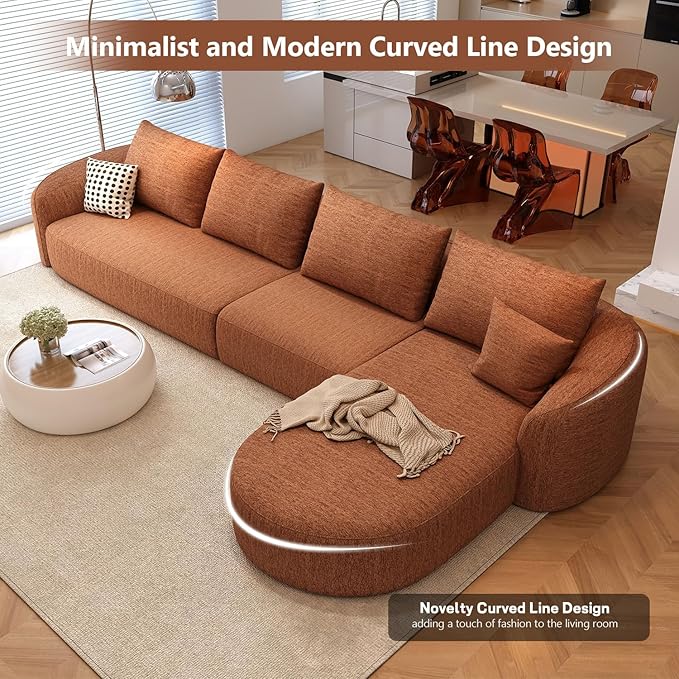 138.6" Modular Sectional Couches Luxury Modern Curved Back Sofa,Minimalist Comfy L-Shape Boneless Cloud Couch for Living Room Apartment,(Right Facing Chaise,Orange)