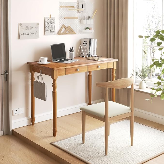 40 Inch Mid Century Modern Desk - Rubber Wood Desk with Drawers, Writing Desks with Drawers, Mid Century Desks for Bedroom, Living Room & Office, Walnut Color