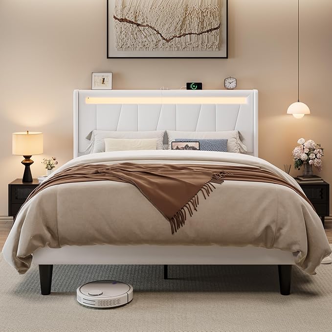 Allewie Full Size LED Bed Frame with Charging Station, Velvet Upholstered Platform Bed with Geometric Wingback Headboard, Modern Frame with No Box Spring Needed, Easy Assembly, White