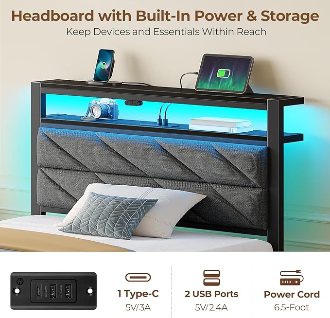 Seventable Bed Frame Twin Size with Charging Station, LED Bed with Upholstered Storage Headboard, Metal Platform Bed with Under Bed Storage, No Box Spring Needed, Noise Free, Easy Assembly, Grey