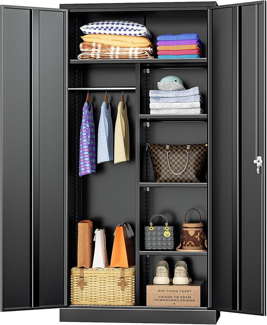 INTERGREAT Metal Wardrobe Closet, 72" H Metal Storage Armoires Cabinet with Lockable Doors and Hanging Rod, Armoire Wardrobe Closet with 4 Adjustable Shelves for Home Office, Warehouse, Garage, Black