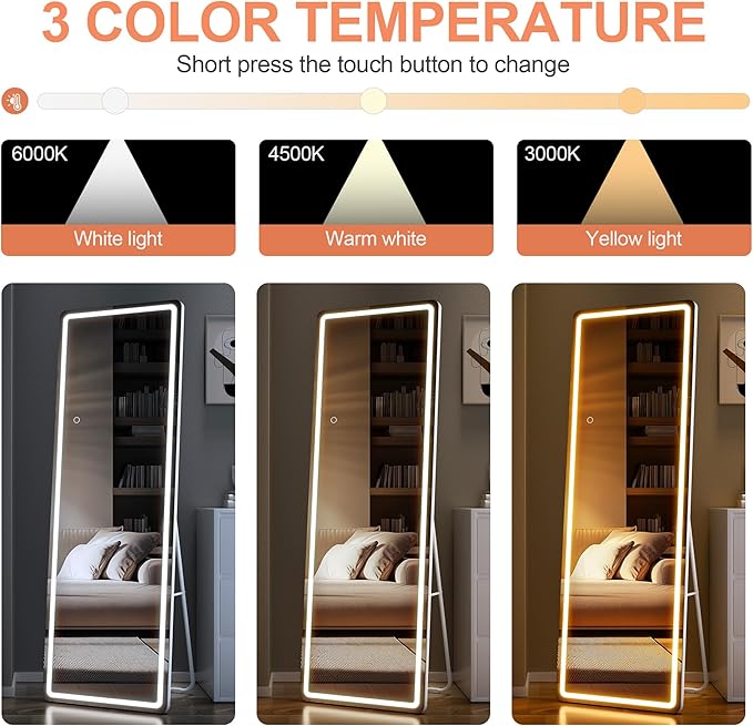 Full Length Mirror with Lights, 56" x 15.8" LED Lighted Floor Standing Mirror, Tempered Glass, White