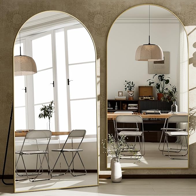 GLSLAND-34x76 inch Wall Mount Arched Full Length Mirror-Aluminum Alloy Frame High Definition-Full Body Mirror for Bedroom or Living Room,Gold