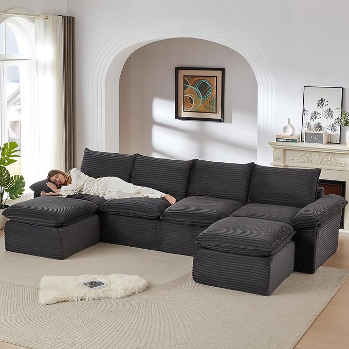 141.74" Sectional Couches for Living Room Modern Modular Sofa with U-Shape Couchs Upholstered Corduroy Boneless Couch Deep Seat Cloud Couch with Ottoman, No Assembly Required, Dark Gray