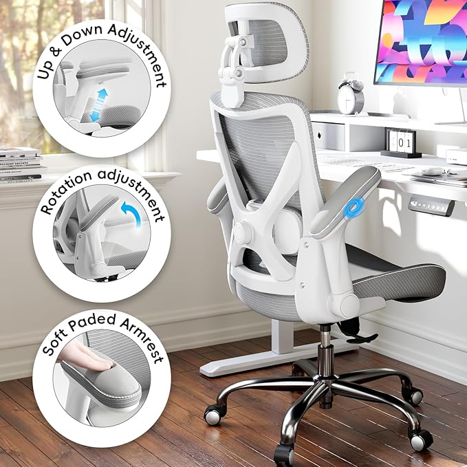 Ergonomic Office Chair-Computer X-Shaped Chair Mesh PU Leather with Adjustable Lumbar Support-Executive Desk Chair High Back with Headrest Flip-Up Arms for Long Hours (White-Grey)