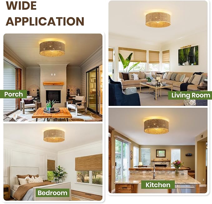 Boho Ceiling Fan with Light,Caged Ceiling Fan with Remote Control Reverible Blades,Low Profile 6 Speeds,Farmhouse Rattan Fandelier Chandelier Ceiling Fans for bedroom,dining room,kitchen ,living room