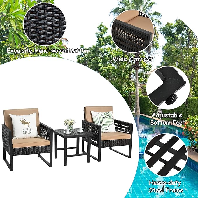 Tangkula 3 Piece Patio Wicker Bistro Set, Outdoor Rattan Sofa, Conversation Furniture w/Coffee Table, Seat and Back Cushions, Garden, Backyard, Balcony, Poolside