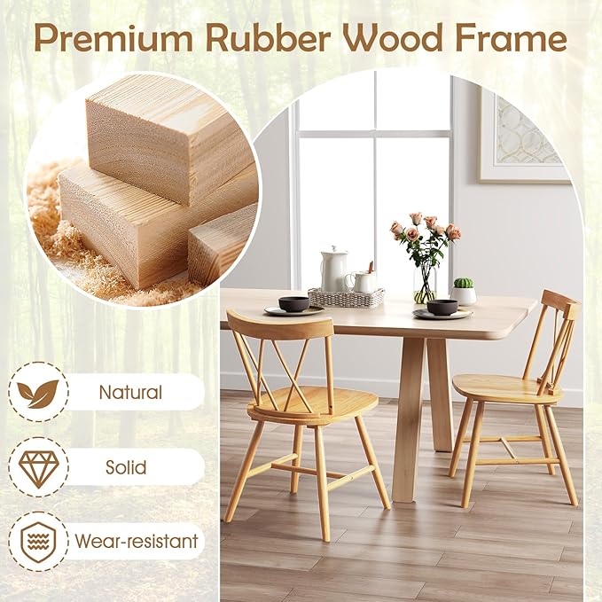 Giantex Windsor Dining Chairs Set of 2, Farmhouse Wooden Kitchen Chairs w/Cross Back, Wide Seat, Rubber Wood Frame, Armless Side Chairs for Kitchen, Dining Room, Living Room, Restaurant, Natural