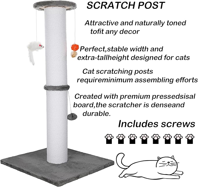 36.5 Inch Cat Scratching Post Heavy Duty Cat Scratch Post Handmade Cotton Rope with Hanging Toys for Ultimate Cat Fun(Grey)