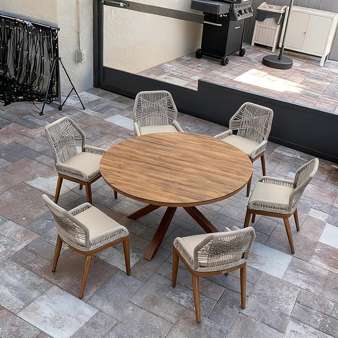 PURPLE LEAF 7 Pieces Round Dining Set Patio Aluminum Modern Round Table and Wicker Chairs with Cushions for Kitchen Backyard Garden Outdoor Furniture Sets