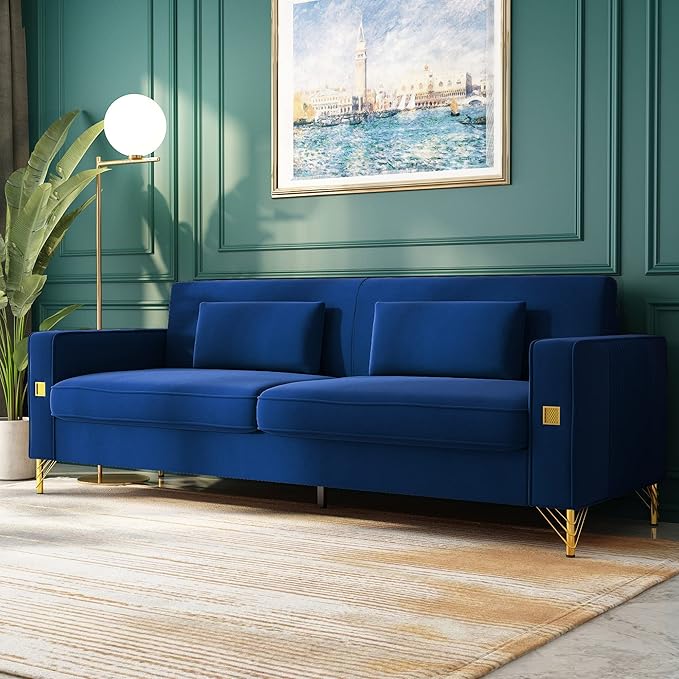 2PCS 85.63" Blue Velvet Sofa,Modern Loveseat Couch with Pillows Set of 2 for Living Room,Bedroom,Apartment Furniture with Gold Metal Legs