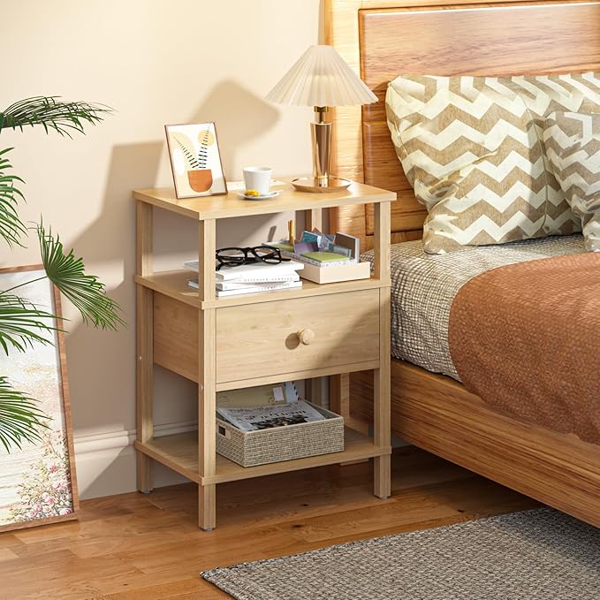 Lerliuo Nightstand with Charging Station and USB Ports, 3-Tier Storage End Table with Drawer Shelf, Night Stand for Small Spaces, Wood Bedside Table for Living Room, Bedroom - Natural Wood
