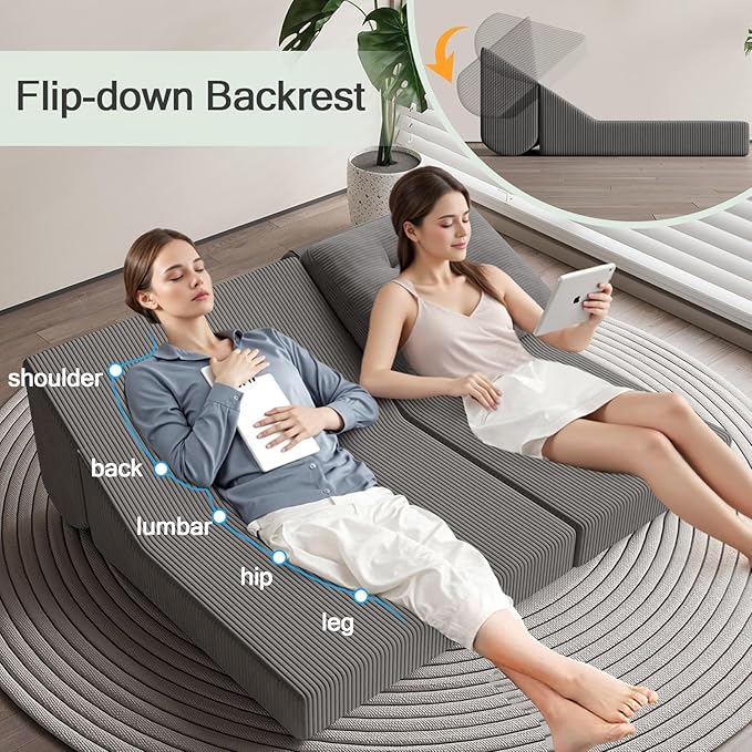 COMAX Folding Sofa Bed, 8-in-1 Foldable Floor Couch Corduroy Convertible Futon Sofa, Fold Out Chair Bed Sleeper Mattress Comfy Portable Lounge Loveseat Guest for Living Room Bedroom, Dark Grey