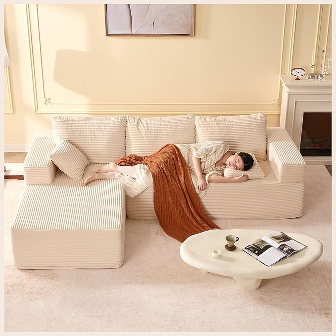 107" Boneless Couch with Deep Seat, Modular Sectional Sofa, Cloud Sectional Couch for Living Room, No Assembly Required, Corduroy, L-Shape Left?White