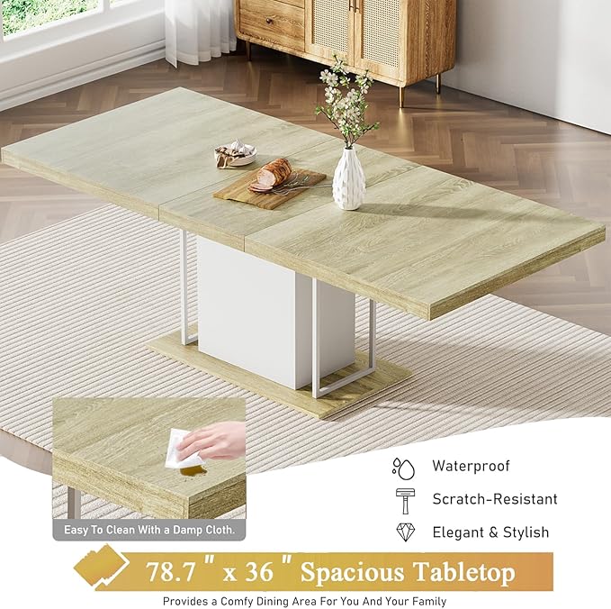 Goujxcy 78.7" Farmhouse Extendable Dining Room Table Set for 8, 9-Piece Rectangle Kitchen Dining Room Table Set with Wood Base and 8 Beige Velvet Dining Chairs, Extending Kitchen & Dining Table Set