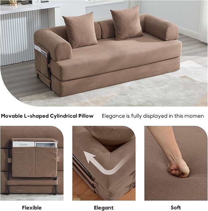 Convertible Folding Mattress Couch, Comfy Corduroy Sleeper Floor Sofa Bed with Fixed-Shape Frame, Floor Sofa with Armrest, Lounge Couch for Living Room Bedroom Lounge Studio,Brown