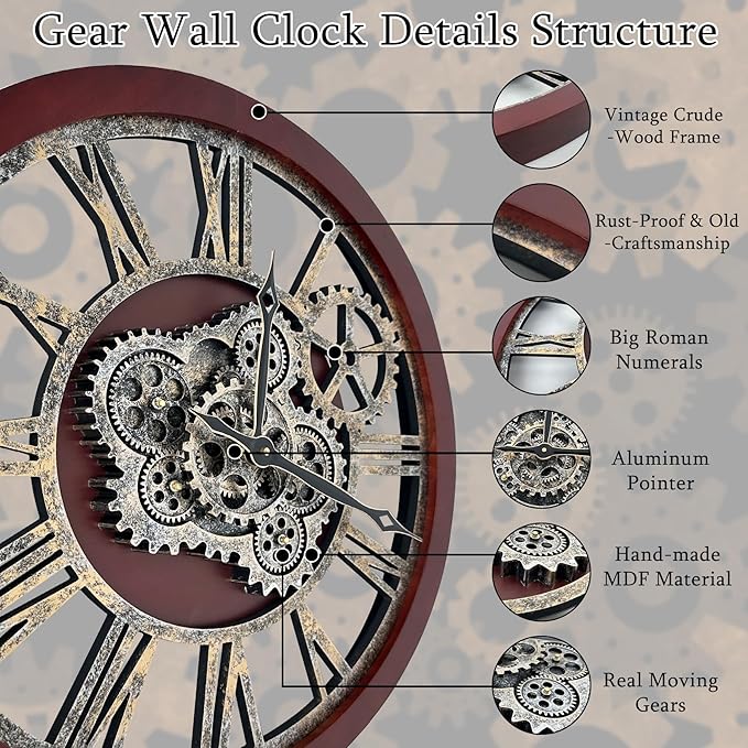 HOIBAI Large Wall Clock, 24 Inch Wall Clocks for Living Room Decor Farmhouse Vintage Rustic Kitchen Wall Decor Vintage Roman Big Oversized Wall Clock for Home Bedroom House Office, Moving Gears Clock