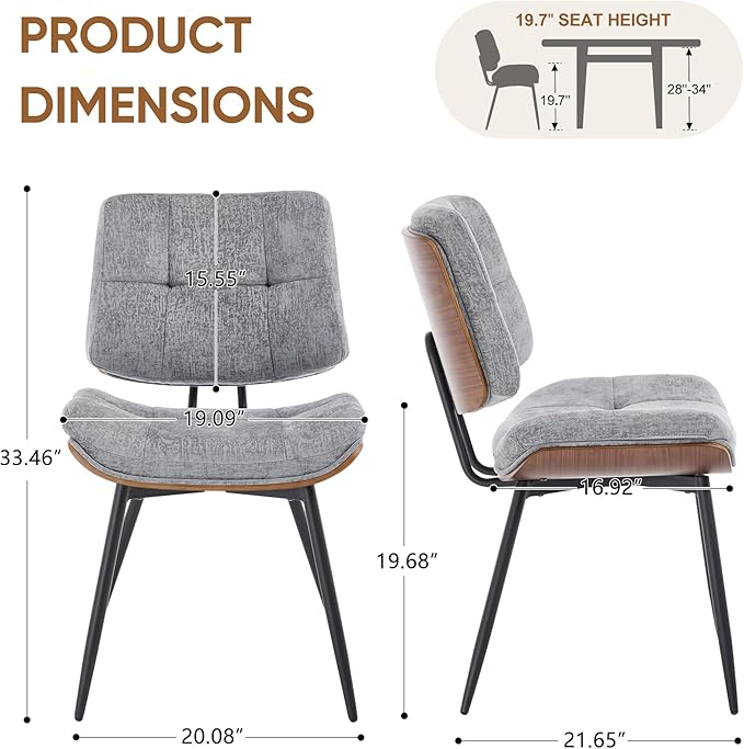 BFZ Dining Chairs Set of 4, Mid Century Modern Kitchen Chairs with Walnut Bentwood Back and Metal Legs, Upholstered Fabric Dining Room Chairs for Kitchen, Living Room