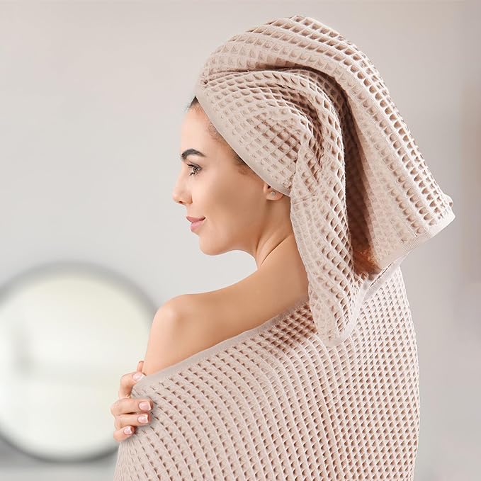Püskül - Luxury Waffle Towel Set for Bathroom 4 Pieces Beige, Premium Quality Organic 100% Turkish Cotton 2 Hand and 2 Bath Towels Sets, Quick Dry Thin Waffle Towels, Made in Turkiye (Beige)