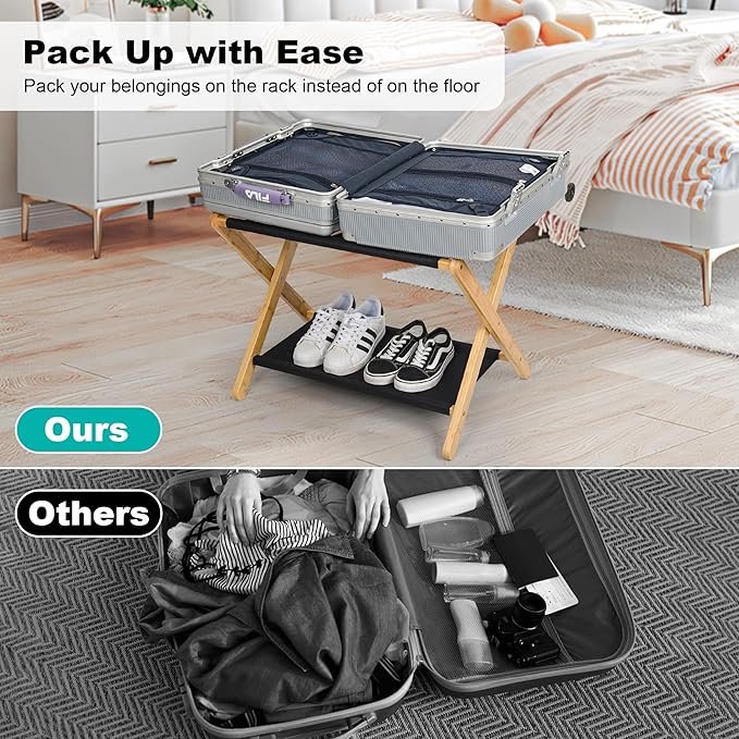 VASMIA Luggage Rack, Folding Suitcase Stand with Storage Shelf,Bamboo Luggage Stand for Guest Room,Bedroon and Hotel,Holds up to 131 lb,Fit Most Luggage Size,Natural
