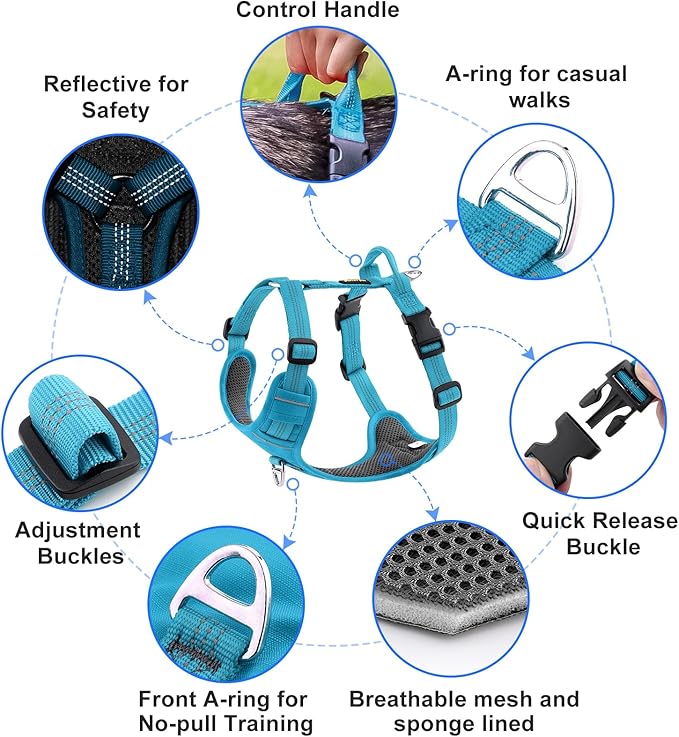 Plutus Pet No Pull Dog Harness, Reflective Adjustable Dog Vest Harness with Handle, Escape Proof, Soft Padded for Small Medium Large Dogs (Light Blue, L)