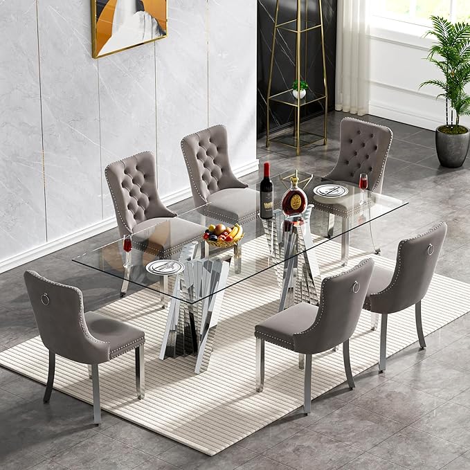 7 Piece Dining Table Set with 6 Grey Dining Chairs, Modern Glass Kitchen Table and Chairs Set for 6, 70" Rectangle Silver Glass Pedestal Dining Room Tables with Flash-Shape Stainless Steel Base