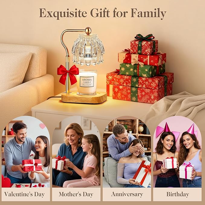 Candle Warmer Lamp with Timer Dimmer, Modern Wax Warmer for Scented Wax Jar Candle Warmer with 2 Bulbs, Adjustable Height Glass Lamp for Gifts for Women, House Warming Gifts, Home Decor, Gold Clear