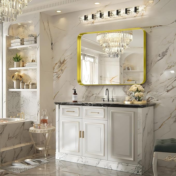 FORBATH 30x36 Inch Bathroom Mirror, Brushed Gold Deep Frame Wall Mirror with Rounded Corners, Anti-Rust Tempered Glass for Modern Farmhouse Vanity (Horizontal/Vertical Hanging)