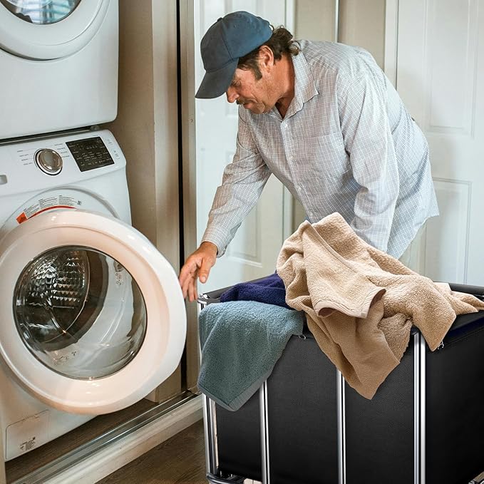 Commercial Laundry Cart on Wheels, 11.35 Bushels Large Roller with Removable Waterproof Canvas Lined Basket, Heavy Duty Stainless Steel for Hotels and Hospitals